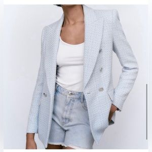 Zara Blue & White Textured Double Breasted Blazer size XL